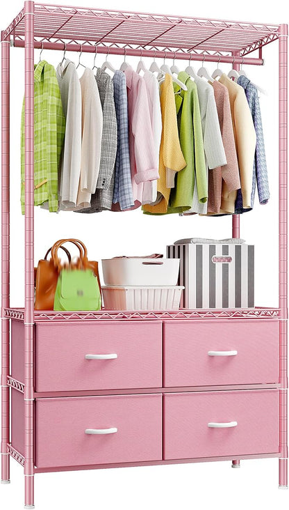 Raybee Clothing Rack with 4 Drawers and Shelves, Heavy Duty Clothes Rack for Hanging Clothes,Portable Closet,Metal, Sturdy,Pink