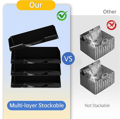 4 Pack Stackable Paper Trays for Letter Documents, Desktop File Organizers for Office Supplies, Stackable Desk Tray Holder for Paper Storage, Black