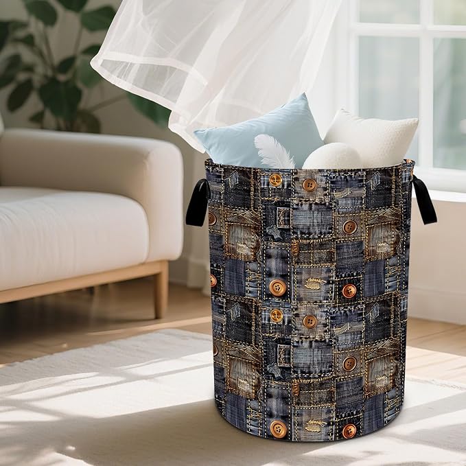 Denim Pattern Laundry Basket Waterproof Laundry Hamper Foldable Laundry Bag with Handles for Bedroom, Bathroom, Office, Clothes Storage