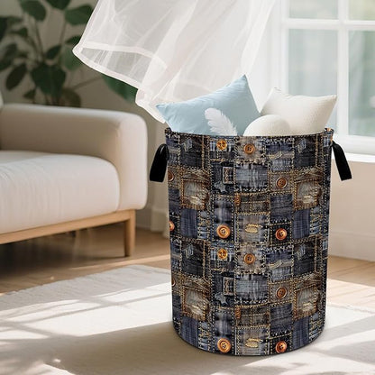 Denim Pattern Laundry Basket Waterproof Laundry Hamper Foldable Laundry Bag with Handles for Bedroom, Bathroom, Office, Clothes Storage