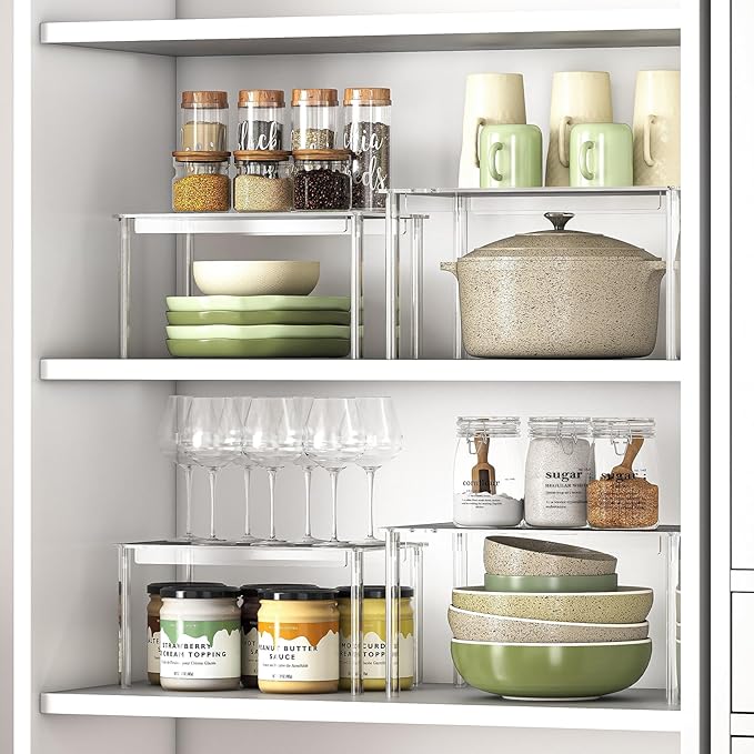 Delamu Cabinet Shelves, Clear Stackable Acrylic Storage Risers with Heavy Duty Support, Cabinet Organizer Shelf for Spices, Seasonings, Jars, Pantry, Kitchen Counter, Easy Assembly