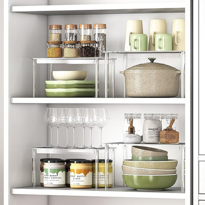 Delamu Cabinet Shelves, Clear Stackable Acrylic Storage Risers with Heavy Duty Support, Cabinet Organizer Shelf for Spices, Seasonings, Jars, Pantry, Kitchen Counter, Easy Assembly