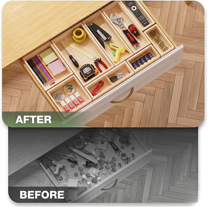 9-Pack Solid Wood Junk Drawer Organizer, Modular Desk Drawer Tray & Accessories with Non-Slip Pad, Multi-Use for Kitchen, Office, Bedroom Dresser, Utensil, Makeup, Stationery, Tea Bags & Coffee Pod