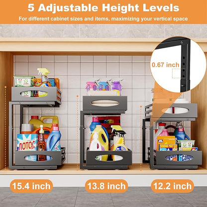 Under Sink Organizer, 2 Tier Under Sink Organizers and Storage, Adjustable Height, Slide out Metal Cabinet Organizers, Pull out Cabinet Storage Drawer Shelf for Kitchen Bathroom Black 1Pack