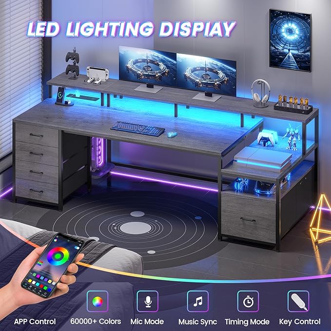 SEDETA 75'' Computer Desk with 5 Drawer, Power Outlet & Led Lights, Home Office Desk with File Drawer, Storage Shelves, Printer Cabinet and Monitor Shelf, 23.6" W Large Desktop Gaming Desk, Grey