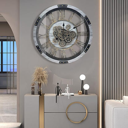 DORBOKER 36" Original Moving Gears Wall Clock, Large Industrial Wall Clock for Living Room Decor, Retro Metal Solid Wood Vintage Farmhouse Steampunk Rustic Clocks for Wall Decor,Silver Grey