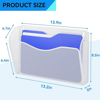 6 Single Pocket Wall File Holder, Mesh Hanging File Folder Paper Organizer, Vertical Wall Mounted Mail Basket, Storage Organization Magazine Rack for Office, Home and School, White