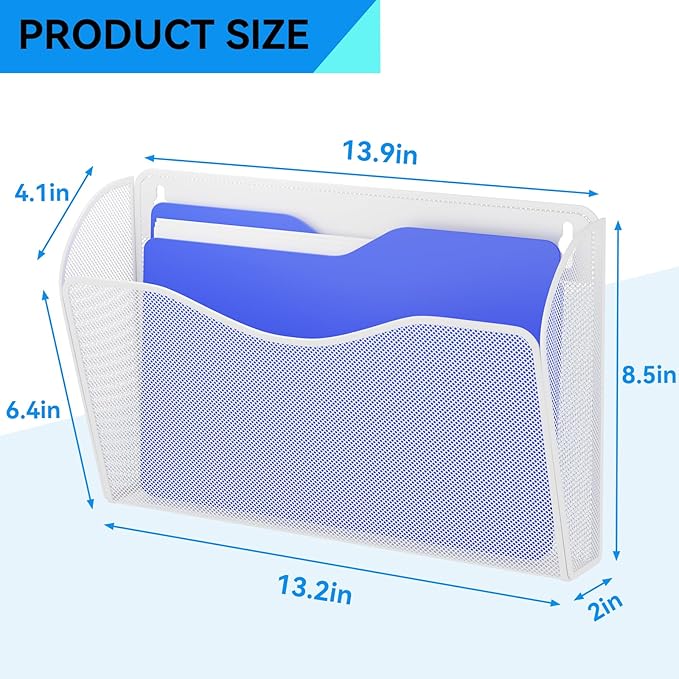 3 Single Pocket Wall File Holder, Mesh Hanging File Folder Paper Organizer, Vertical Wall Mounted Mail Basket, Storage Organization Magazine Rack for Office, Home and School, White