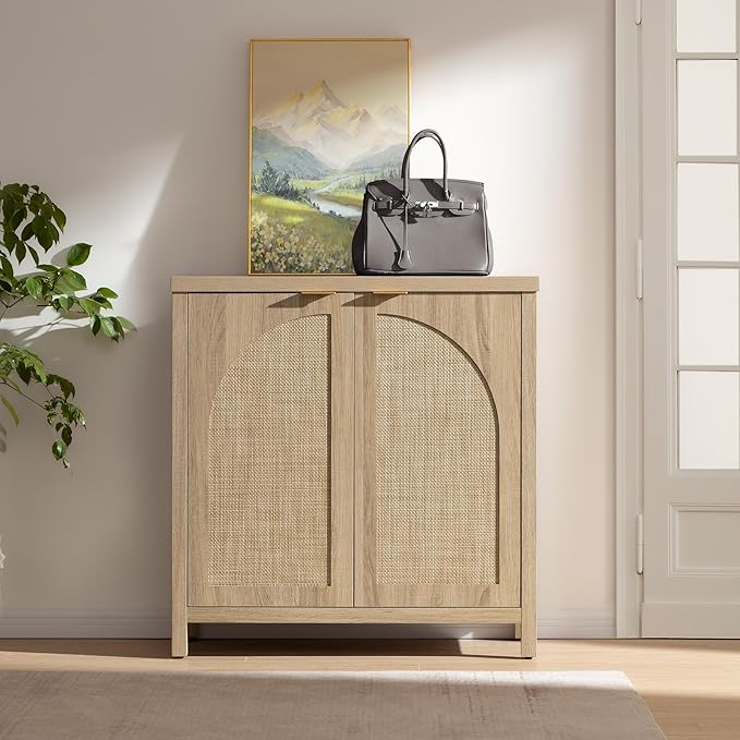 SICOTAS 102"W Rattan Sideboard Buffet Cabinet Set of 3, Mid Century Modern Credenza Storage Cabinet with Arch Doors & Shelves Boho Coffee Bar Media Console Cabinets for Kitchen, Living Room, Entryway