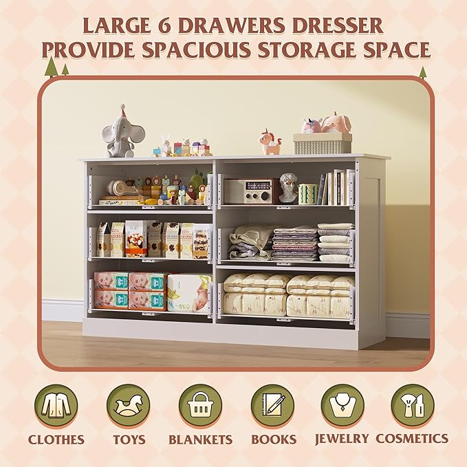 WLIVE White Dresser with 6 Drawers, Wide Wooden Chest of Drawers for Bedroom, Large White Storage Tower Unit, Modern Minimalist Closet Store Organizer for Living Room, Hallway