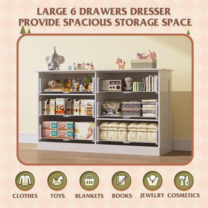 WLIVE White Dresser with 6 Drawers, Wide Wooden Chest of Drawers for Bedroom, Large White Storage Tower Unit, Modern Minimalist Closet Store Organizer for Living Room, Hallway