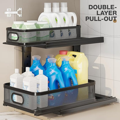 1 Pack 15IN-Depth Under Sink Organizer with Next-Gen Ball-Bearing Slides,2-Tier Precision Mesh Pull Out Cabinet Storage for Bathroom&Kitchen,Height Adjustable Drawers Shelf,Anti-Rust-Black