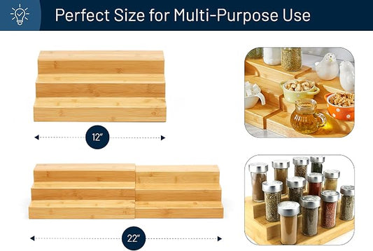 RoyalHouse Bamboo Expandable Spice Rack Organizer, 3-Tier Adjustable Kitchen Cabinet, Countertop Display Shelf, Space Organizer for Kitchen and Bathroom