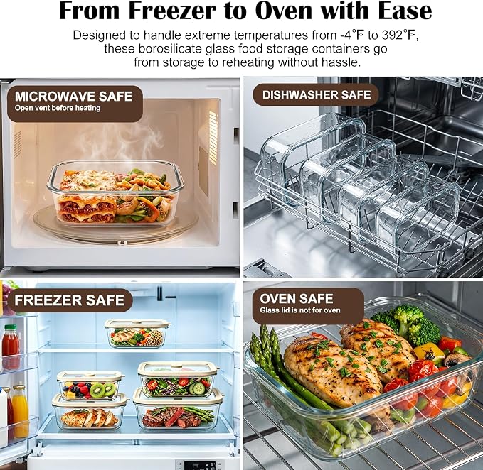 4 Pack Glass Meal Prep Containers Set with Glass Lids, Plastic-Free Glass Food Storage Containers, Multi-Size Glass Food Prep Containers for Lunch, Leftovers, Microwave, Freezer (12, 21, 35, 50 oz)