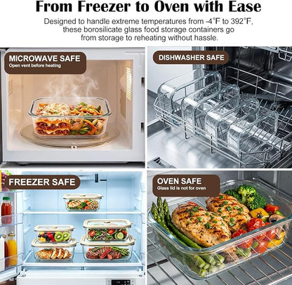 4 Pack Glass Meal Prep Containers Set with Glass Lids, Plastic-Free Glass Food Storage Containers, Multi-Size Glass Food Prep Containers for Lunch, Leftovers, Microwave, Freezer (12, 21, 35, 50 oz)