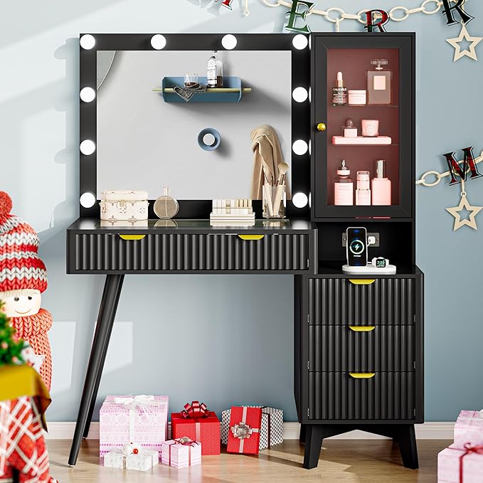 Vanity Desk with Mirror and Lights, 45" Fluted Makeup Vanity Desk with Lights &5 Drawers, Glass Top Vanitys with Lighted Mirror and RGB Cabinet, Dressing Table with Power Outlet for Bedroom, Black