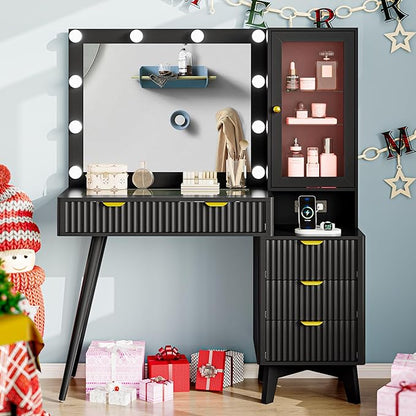 Vanity Desk with Mirror and Lights, 45" Fluted Makeup Vanity Desk with Lights &5 Drawers, Glass Top Vanitys with Lighted Mirror and RGB Cabinet, Dressing Table with Power Outlet for Bedroom, Black