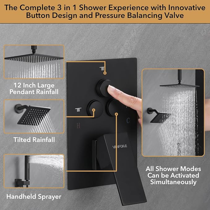 VANFOXLE Shower Faucet Set Matte Black Shower System, Push Button Diverter Shower Faucet with Trim Kit, Ceiling Mount 12 Inch Shower Head Increased Thick, 6 Inch Side Shower Head, 2-in-1 Handheld