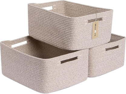 MiniArk Large Storage Baskets for Shelves, Closet Organizers Bins for Clothes Blanket Towels, Baby Nursery, Toy Baskets Box, Woven Rope Baskets, 17 x 13 x 7.5”, 3 Packs Mixed Brown