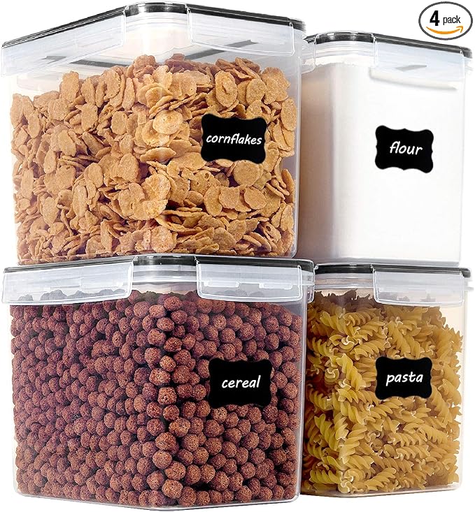 Vtopmart Food Storage Containers 3.3 quart / 3.6L, 4 Pieces BPA Free Plastic Airtight Canister for Flour, Sugar, Baking Supplies, with 4 Measuring Cups and 24 Labels,Black