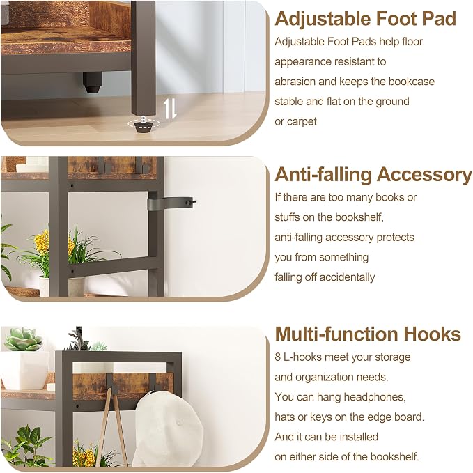 HCHQHS Adjustable Book Shelf with 8 Hooks, Reversible Corner Bookshelf, Industrial Wooden and Metal Bookcase for Living Room, Bedroom, Home Office (Rustic Brown, 5 Tier)