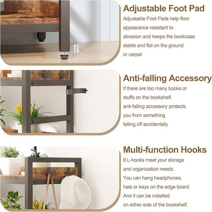 HCHQHS Adjustable Book Shelf with 8 Hooks, Reversible Corner Bookshelf, Industrial Wooden and Metal Bookcase for Living Room, Bedroom, Home Office (Rustic Brown, 5 Tier)