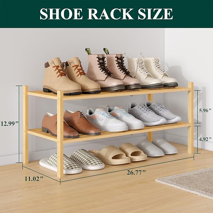Smiry Bamboo Shoe Rack 2-Tier, Stackable Wooden Shoe Organizer for Entryway & Closet, Free Standing Wood Shoe Storage Shelf for Front Door & Small Spaces, Natural