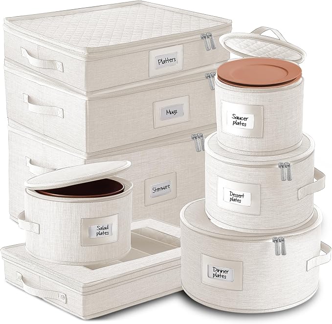 Fine China Storage Containers, 8 Piece Quilted Dish Storage Containers for Flatware & Utensil, Mug, Platter and Wine Glass with Felt Dividers, Durable Dinnerware Dish Organizers for Moving, Cream