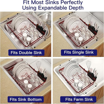MAJALiS Red Dish Drying Rack Over The Sink, Expandable Stainless Steel Dish Drainer for Small Kitchen Counter Space Saving, RV Compact Plate Strainer in Metal with Hanging Adjustable Utensil Holder