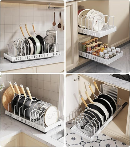 Pull Out Pots and Pans Organizer Under Cabinet, Expandable Sliding Lid Holder and Pan Rack for Kitchen, Slide Out Inside Cabinet for Pot Lid, Bakeware, Dishes, 10 Adjustable Dividers, 1 Pack White