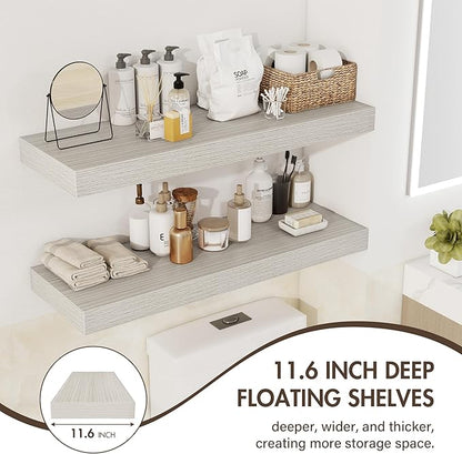 Acovy 30 Inch Floating Shelves, 12" Deep Floating Shelf Wall Mounted, 30" Wall Shelves, Rustic Deep Bookshelf, Extra Deeper & Thicker Display Shelves for Bedroom, Living Room, Gray, Set of 2