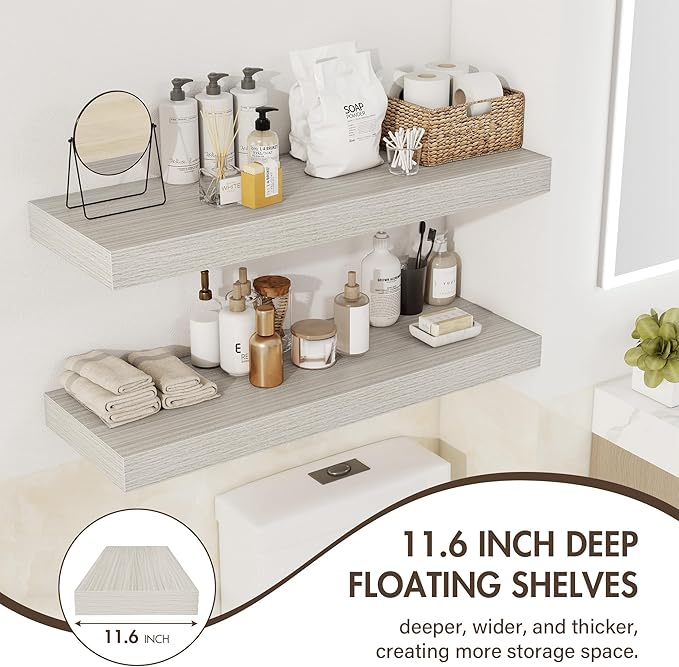 Acovy 48 Inch Floating Shelves, 12" Deep Floating Shelf Wall Mounted, 48" Wall Shelves, Rustic Deep Bookshelf, Extra Deeper & Thicker Display Shelves for Bedroom, Living Room, Gray, Set of 2