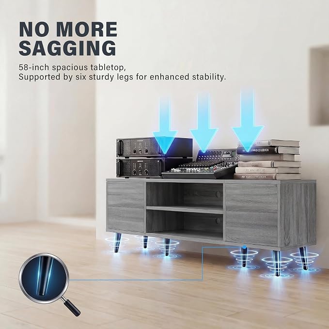 JUMMICO Mid-Century Modern TV Stand for 55-65 Inch TVs, 58 Inch Media Console with Storage, Entertainment Center with Push-Open Cabinets and Cable Management for Living Room (Grey, 58 Inches)