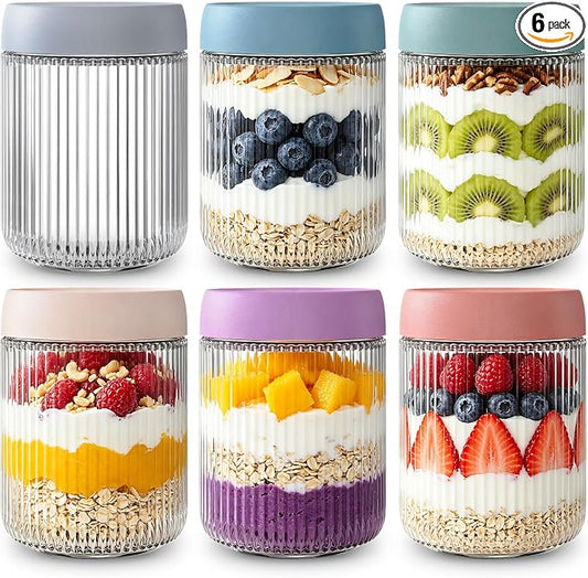 INSETLAN 16oz Glass Overnight Oats Containers with Lids – 6 Pack, Ribbed Glass Mason Jars for Meal Prep, Glass Food Storage Containers for Chia Pudding, Yogurt, Snacks, Fruit & Vegetables, Milk