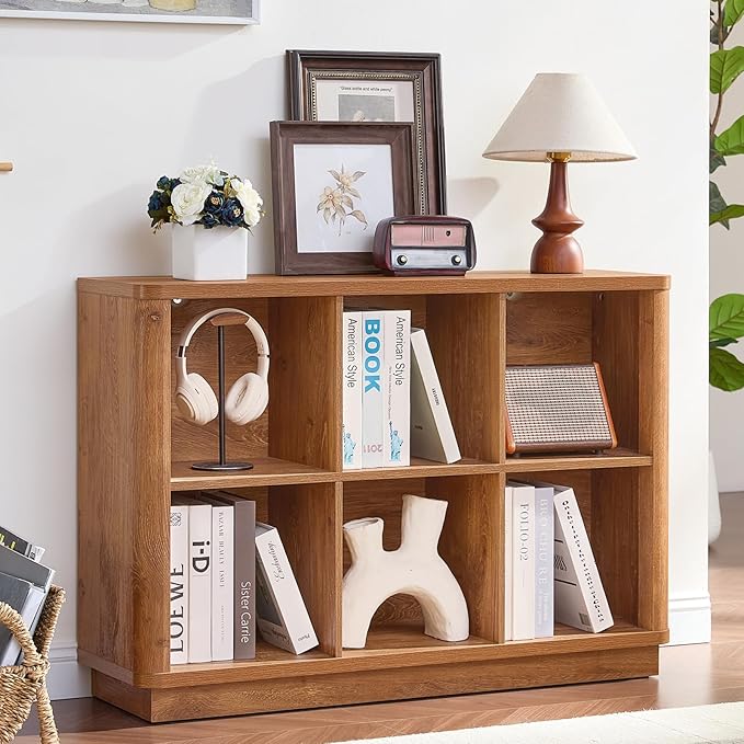 6 Cube Storage Organizer, 40" Wide Low Horizontal Book Shelf with Curved Edge, Floor Standing 2-Tier Wooden Bookshelf with Base, Modern Short Lattice Bookcase for Bedroom, Home Office, Brown