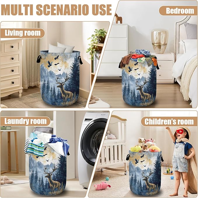 Misty Forest Deer Laundry Basket, Foldable Waterproof Laundry Hamper Tote Bag Dirty Clothes Storage Bucket Toy Organizer for Bathroom/Laundry/Bedroom 15.7"x19.6"