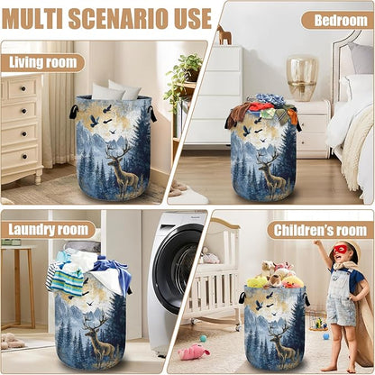 Misty Forest Deer Laundry Basket, Foldable Waterproof Laundry Hamper Tote Bag Dirty Clothes Storage Bucket Toy Organizer for Bathroom/Laundry/Bedroom 15.7"x19.6"