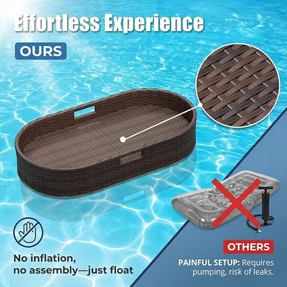 Greesum Wicker Pool Floating Tray, 38”x20” Oval Portable Serving Tray for Holding Fruits, Drinks & Essentials, Suitable for Pool Activities, Bathtub, Hot Tub, Beach Parties, Brown