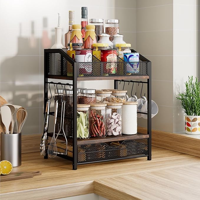 Homsorout Coffee Bar Organizer - Countertop Coffee Station, 42 K Cup holder Storage Basket with Drawer and Hooks for Syrup, Cups, Stirrer, Condiment, Tea Organizer, Black and Brown