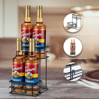 Coffee Syrup Organizer, 4 Bottle Capacity Syrup Stand, 2 Tier Syrup Rack for Coffee Bar Accessories with 4 Coffee Syrup Pump, Syrup Holder for Kitchen, Storage for Syrup, Wine, Dressing（Black）