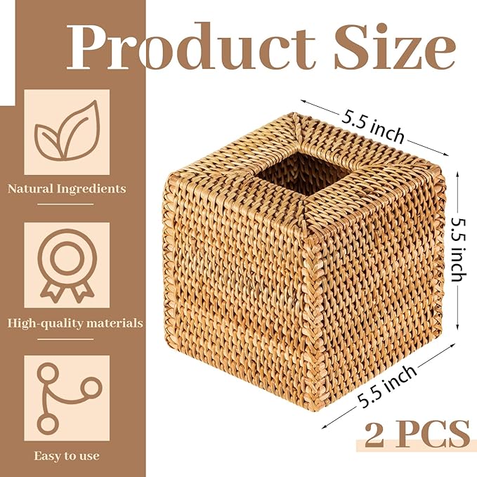 Kigley 2 Pcs Square Rattan Tissue Box Cover Boho Wicker Tissue Cube Box Cover 5.5'' x 5.5'' x 5.5'' Decorative Natural Wicker Hand Woven Napkin Box Holder Bathroom Office Car Accessories (Wood)