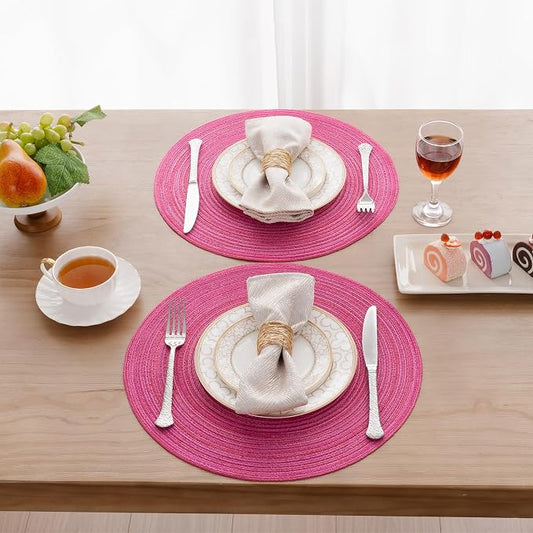 SHACOS Round Braided Placemats Set of 6 Cotton Polyester Woven Place Mats 15 inch Washable Table Mats for Kitchen Dining Tables (Hot Pink, 6)