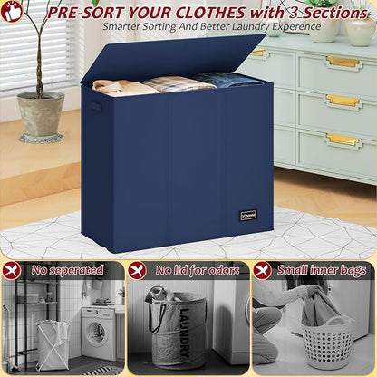 195L Laundry Hamper 3 Section,Large Laundry Hamper with Lid,Dirty Clothes Hamper with 3 Inner Bags,Collapsible Laundry Basket Organizer for Laundry Room,Laundry Sorter Hamper 3 Compartment(Blue)