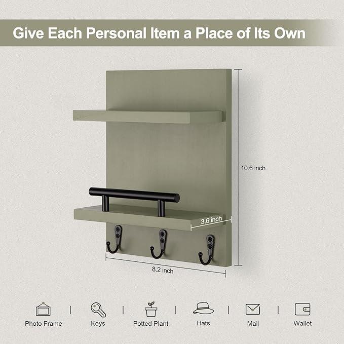 Key Holder Wall Mount, Mail Shelf Decor with 3 Key Hooks, Versatile Wood Wall Organizer for Entryway Hallway (8.2” x 10.6”x 3.6”) (Sage Green)