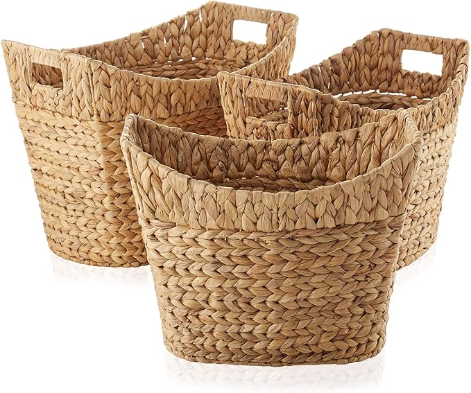 Casafield Set of 3 Stackable Oval Laundry Baskets with Handles - Natural, Woven Water Hyacinth Storage Totes for Throw Blankets, Bathroom, Bedroom, Living Room