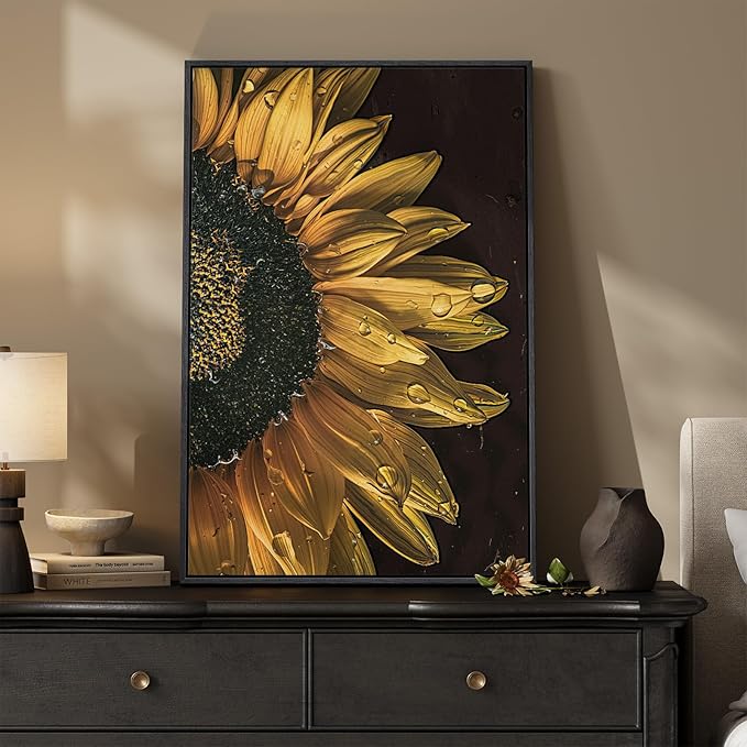 Framed Sunflower Wall Art, Modern and Elegant Floral Canvas Prints Paintings Artwork for Walls, Minimalist Yellow Flower Pictures for Living Room Dining Bedroom Loung Fireplace Wall Decor 24x36 In