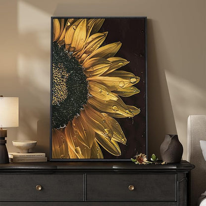 Framed Sunflower Wall Art, Modern and Elegant Floral Canvas Prints Paintings Artwork for Walls, Minimalist Yellow Flower Pictures for Living Room Dining Bedroom Loung Fireplace Wall Decor 24x36 In