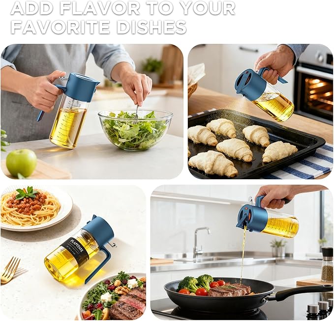 17oz/500ml Premium Olive Oil Sprayer for Cooking, 2 in 1 Glass Olive Oil Dispenser Bottle for Kitchen Gadgets, Spray Bottle with Portion Control for Salad, Frying, BBQ (Blue)
