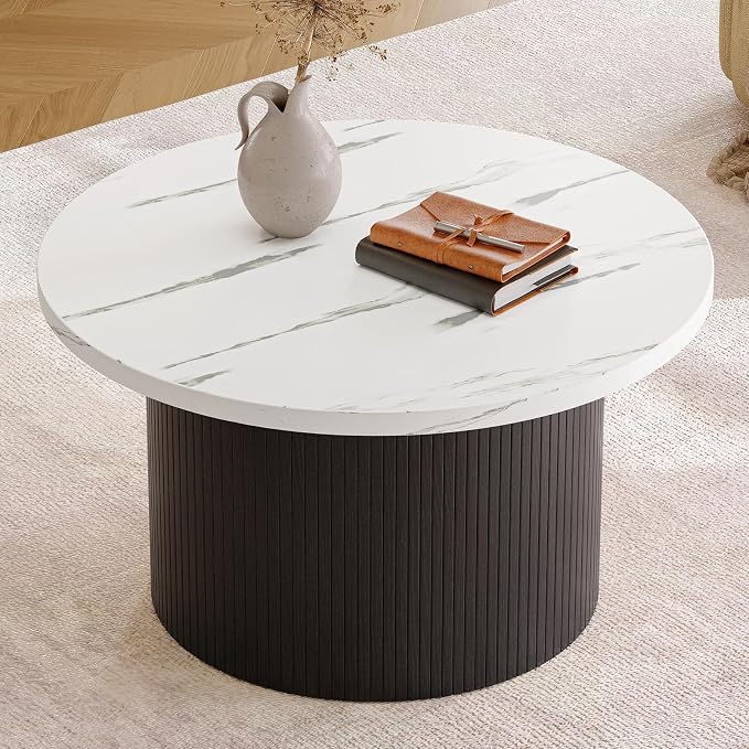 ONBRILL 31.5" Round Coffee Table, Tambour Design Coffee Tables for Living Room, Mid Century Modern Wood Coffee Table, Drum Accent Small Center Table, Marble Texture