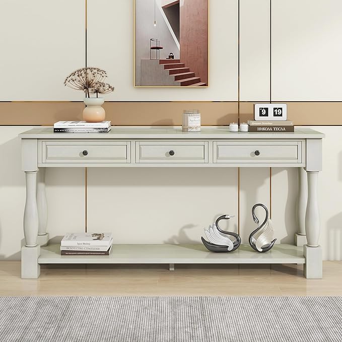 Knocbel 64 Inch Long Antique Entry Console Table with Drawers & Bottom Open Shelf, Solid Wood Sofa Couch Table for Entryway Hallway Living Room (Antique White)
